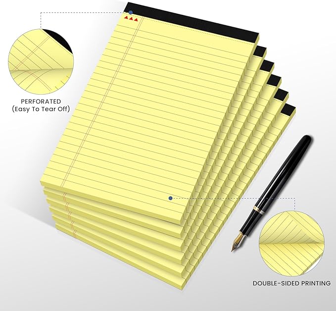 6pcs Small Note Pads, Yellow Notepads 5x8 College Ruled Notebook, Writing Pads 5 x 8, Legal Pads, Pad Paper Perforate Notebooks for Work, Message, School, Office Supplies,30 Sheets/Pack