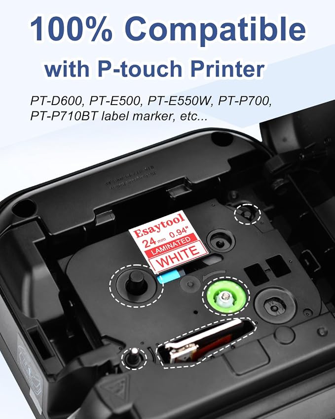 5 Pack Compatible with P-Touch TZe-252 AZE-252 TZ-252 Red on White 24mm 0.94'' Laminated Label Tape Replacement for Ptouch PT-D600 PT-E500 PT-H500 PT-P710BT PT-1400 PT-9200DX Label Maker