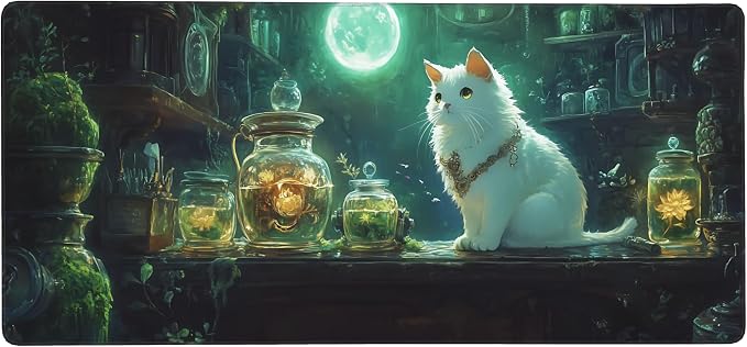 Cute Anime White Cat Gaming Mouse Pad, Forest Green Mystical Desk Mat with Anti-Slip Base & Stitched Edges, Office & Home Desk Decor for Women, 35.4" x 15.7" in Computer Desktop Mat