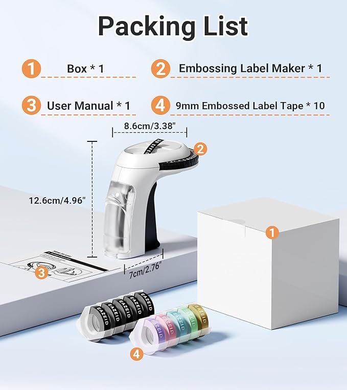 Embossing Label Maker Machine with Tapes, Vintage Embossed Label Maker Manual, Retro 3D Black Emboss Labeler with 10 Rolls 9mm Color Embossing Label Tapes for Home Scrapbooking Supplies, DIY Craft