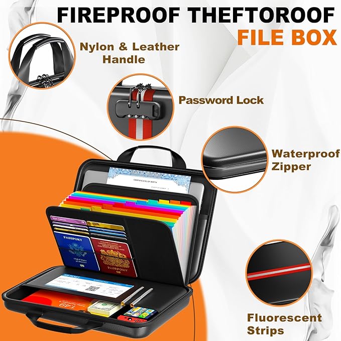 Fireproof Accordion File Organizer with Lock,Hard-Shell Fireproof Document Box with 13 Pockets for Certificates, Passports Laptop Important Documents Portable Home Office Travel Safe Storage