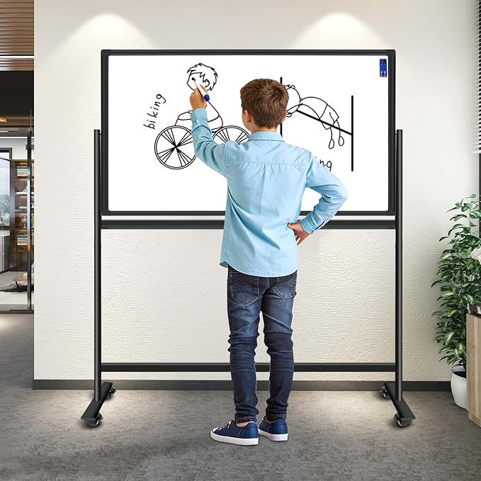 Magnetic Mobile White Board, Double-Sided 40"x28" Dry Erase Board with Stand, Portable Rolling Whiteboard on Wheels with 2 Eraser, 6 Markers, 20 Magnets