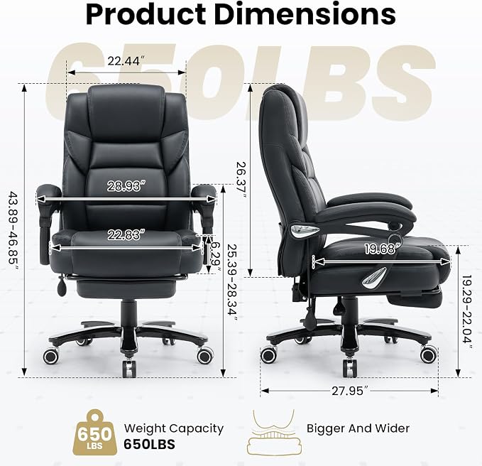650lbs Big and Tall Office Chair Support for Heavy People,Reclining Executive Office Desk Chair with Foot Rest,Ergonomic High Back PU Leather Computer Chair with Adjustable Lumbar Support,Black