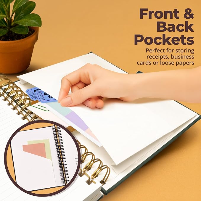 Hardcover Lined Spiral Notebook with Removable Dividers Leather Bound Green | 8x10" 300 Pages College Ruled 5 Subject Notebook for Work - with Tabs, Pockets, and Pen Loop for Note Taking, Large Journal