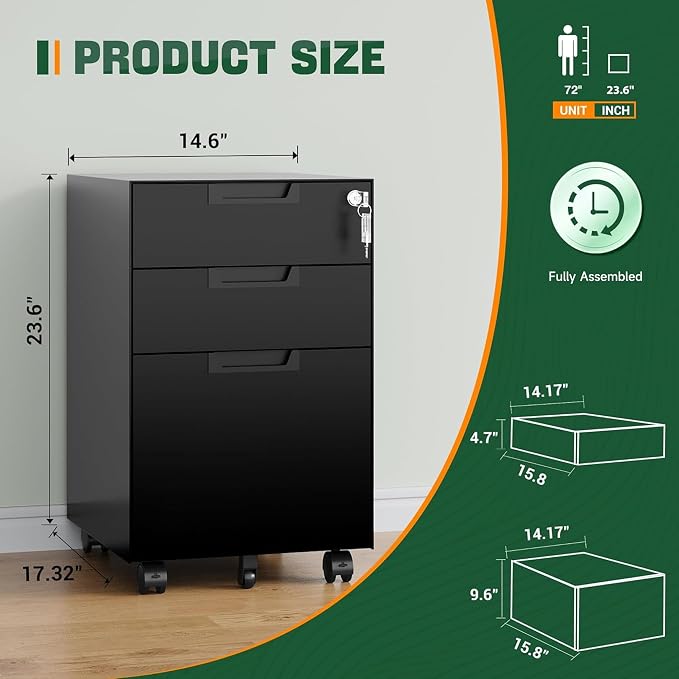3 Drawer Mobile File Cabinet with Lock,Under Desk Metal Small Filing Cabinets for Home Office Organizer Letters/Legal/A4(Fully Assembled Except Wheels-Black)