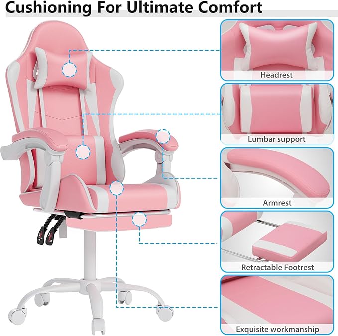 Gaming Chair with Headrest and Lumbar Support, Ergonomic High Back Office Chair, Racing Style Executive Computer Desk Chair, Leather Adjustable Swivel Task Chair for Home Office (Pink White)