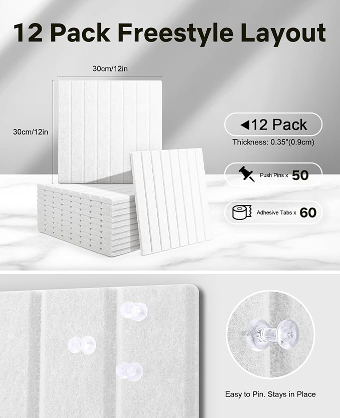48" x 36" Large Cork Bulletin Board Tiles, Peel and Stick Felt Wall Panels for Vision, Message Center, Picture and Prayer Board for Office, Dorm, Room and Desk Decor(Cold White)