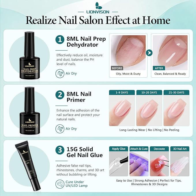 LIONVISON Nail Tips Square Set: 504PCS XXXL No C Curve Straight Tapered Square Nail Tips Extra Long Clear Nail Tips with Nail Extension Glue Gel Prep Dehydrator Primer File UV Curing Lamp for Home DIY