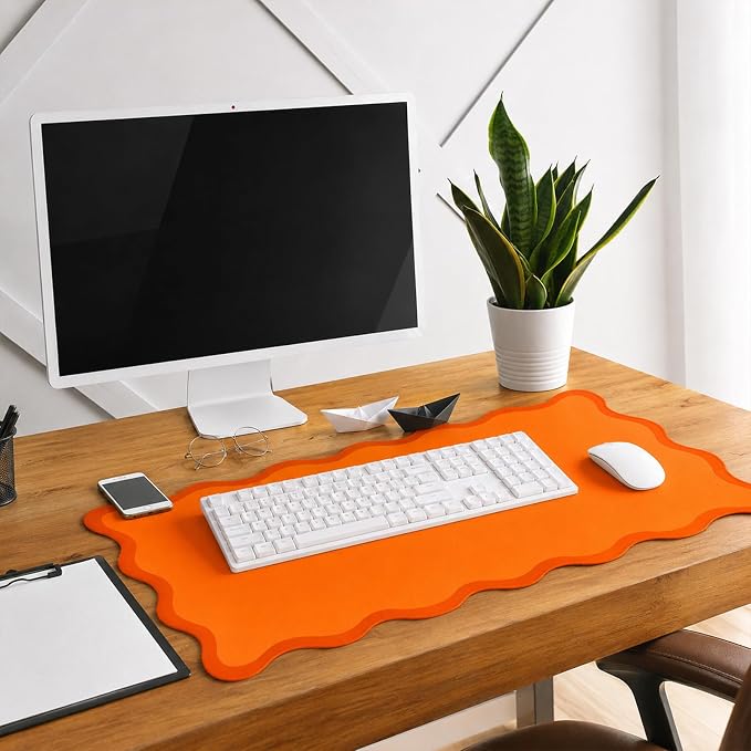 Hahafelt Scalloped Desk Mat Waterproof,Orange,31.5 X 15.8 Inches | Coquette Preppy Style for School Office Makeup Vanity, Nonslip Gaming Desktop Protector with Scalloped Stitched Edge Mat