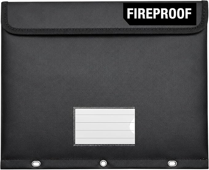 Fireproof 3 Ring Binder Pocket, Document Bag Side Loading, Black | Water Resistant,Heat Insulated,Hook&Loop Closures,Binder Folders Organizer,Safe Storage for Home Office Travel,Letter Size