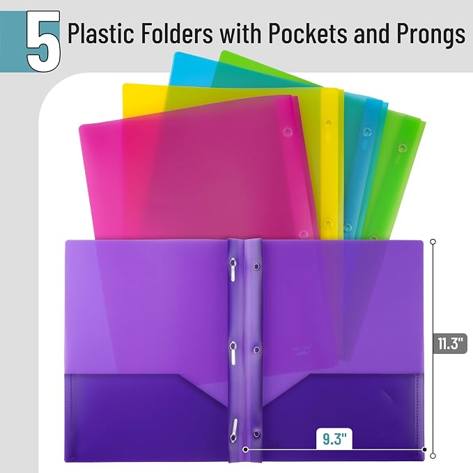 Mr. Pen- Plastic Folders with Pockets and Prongs, 5 Pack, Translucent | Colorful, File Folders with Fasteners, 2 Pocket Folder