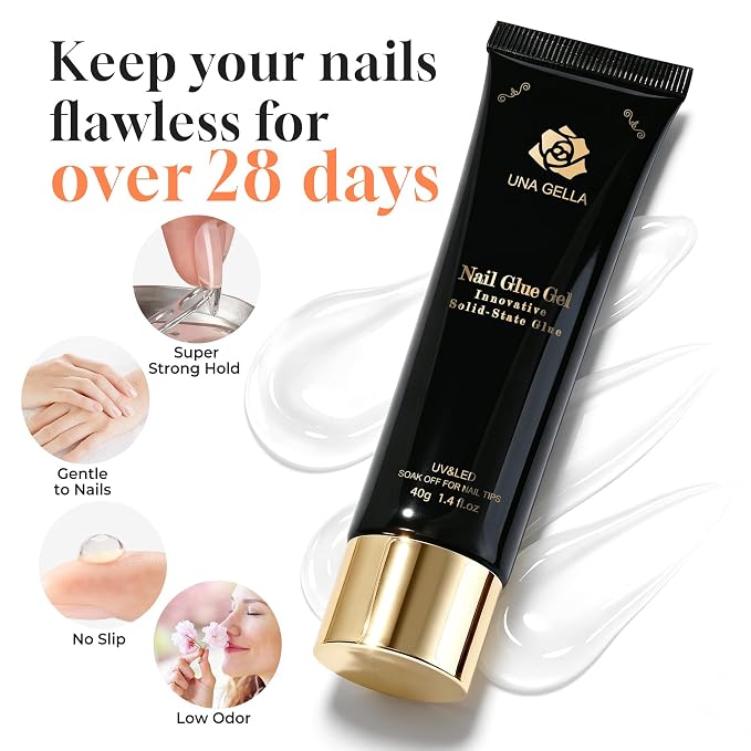 UNA GELLA Gel Nail Glue, Solid Nails Gl ue Gel 40g Lamp Curing Needed Soak Off G LUE Strong Nail G LUE G el for Acrylic Fake Nails Tips Extension Press On Nails for Gelly Tips