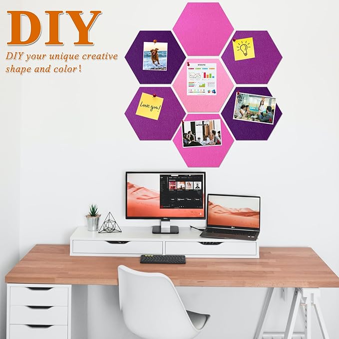 Large Hexagon Felt Cork Board Tiles, Self Adhesive DIY Felt Bulletin Board Pin Board with 35 Pushpins for Office School Home Wall Decor Stickers Memos Photos Display(Deep Purple+Pink)