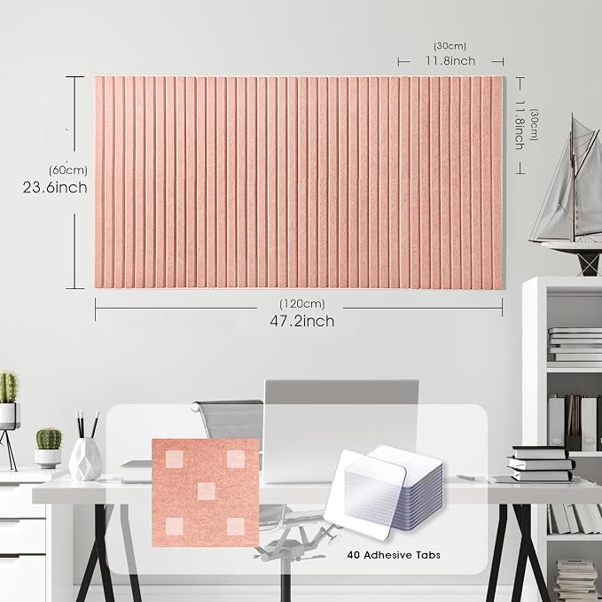 Large Felt Bulletin Board 48" x 24", Pink | 8 Pack Felt Tiles, 40 Adhesive Tabs, Cork Board Alternative for Walls, Push Pin Board for Home Office Decor