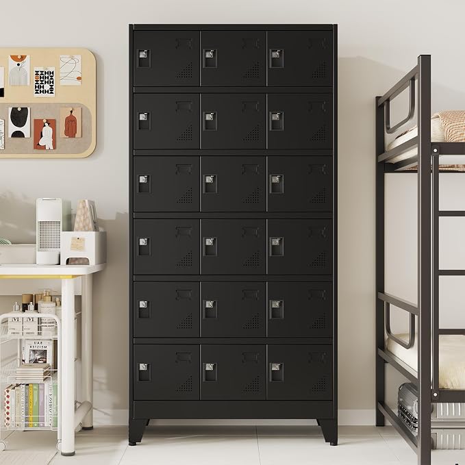 Metal Lockers for Employees-18 Doors Storage Locker with Shelves and Lockable Steel Cabinet for School,Gym,Office,Staff,Assembly Required,Black