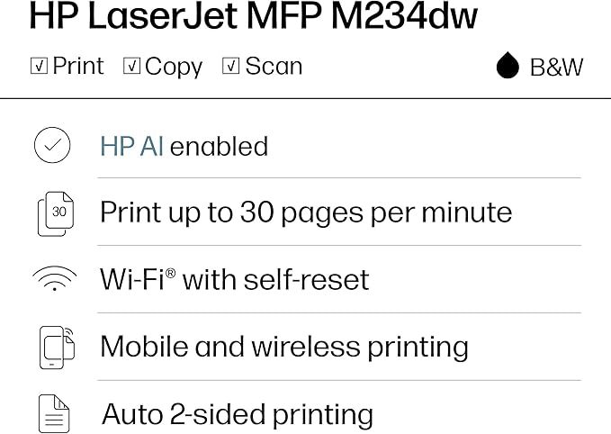 HP LaserJet MFP M234dw Wireless Printer, Print, scan, Copy, Fast speeds, Easy Setup, Mobile Printing, Best-for-Small Teams, Instant Ink Eligible