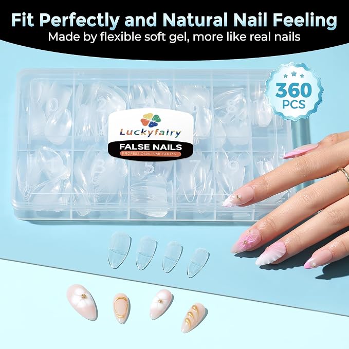 Luckyfairy Medium Almond Nail Tips, 360pcs Soft Gel Pre-Shaped Acrylic Fake Nails, Half Matte Full Cover Clear Gelly Press on Flase Nail Tips for Extension Nail Manicure Home DIY 12 Sizes Gelly Tips