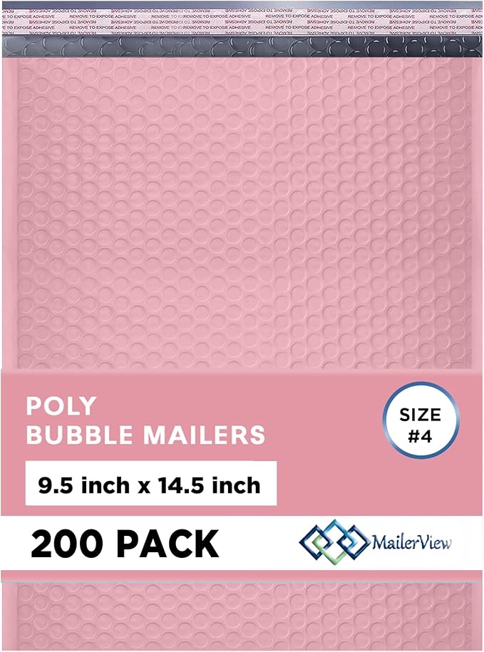 Light Pink Bubble Mailers 9.5x14.5 Poly Padded Envelopes #4 200 Pack | Fits Books & Magazines, Self-Seal Closure, Cushioned Protection, Water-Resistant Poly, Bulk Pack