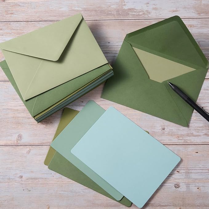 25 Pieces A7 Colored Envelopes with Cards and Stickers Set, Green 5Colors | 5x7 inches Envelopes For Weddings, Invitations, Birthday, Baby Shower