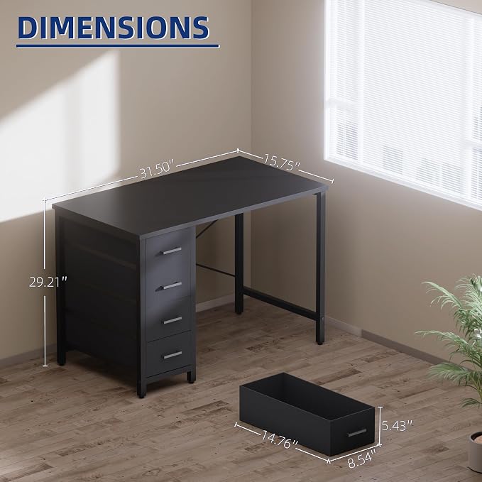 Pamray 32 Inch Computer Desk with 4 Drawers Small Office Desk for Home Bedroom Study Writing Simple Modern Computer Table Vintage