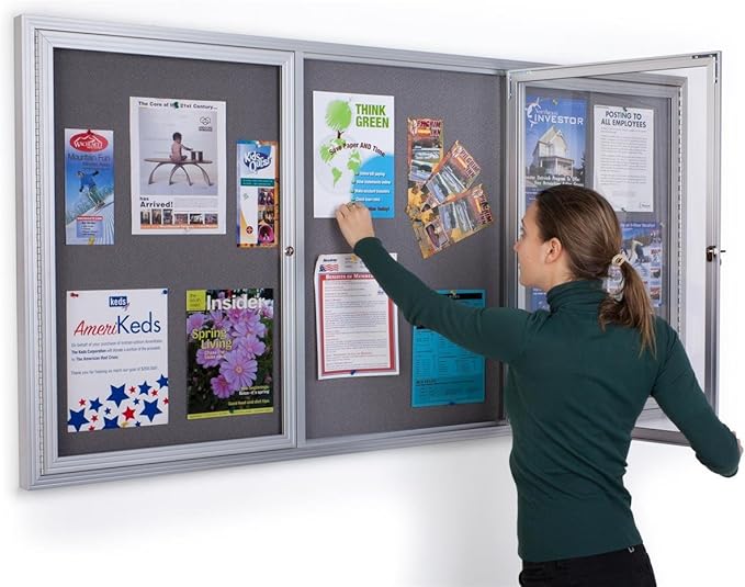72 x 36 Inch Fabric Tack Board, 3 Locking Swing-Open Doors, 6 x 3 Foot Enclosed Bulletin Board for Wall Mount, Hardware Included - Silver Aluminum Frame with Light Gray Fabric