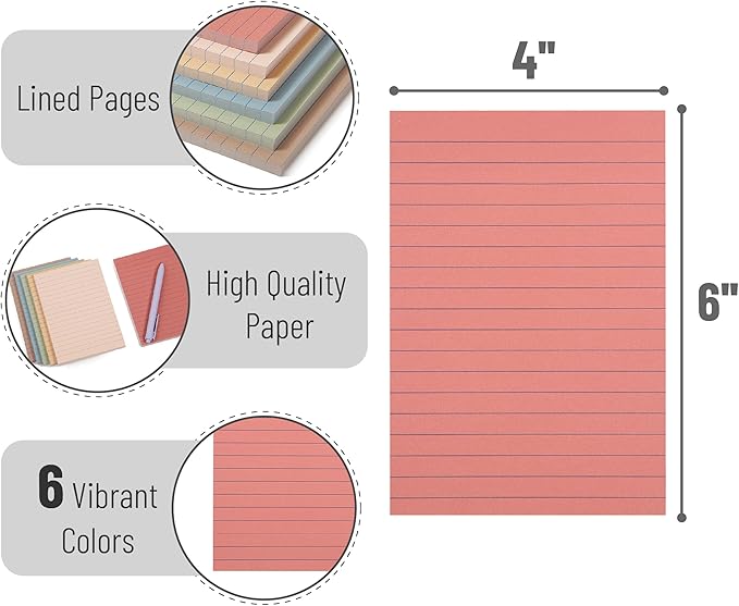 Mr. Pen- Lined Sticky Notes 4x6, 6 Pads, 60 Sheet/Pad, Vintage Colors, Colorful Sticky Notes with Lines, Sticky Note Pads, Mr Pen Sticky Notes, Stocky Notes for Bible Journaling