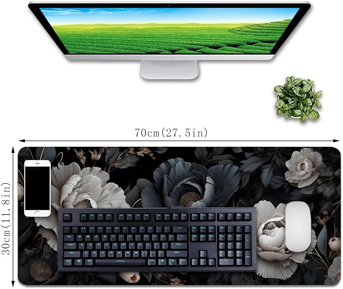 Black and White Mouse Pad,Floral Mouse Pad Desk Mat,Large Mousepad | Stitched Edges Rubber Non-slip Girls Office Study XL Long Extended for Computer Keyboard Laptop PC