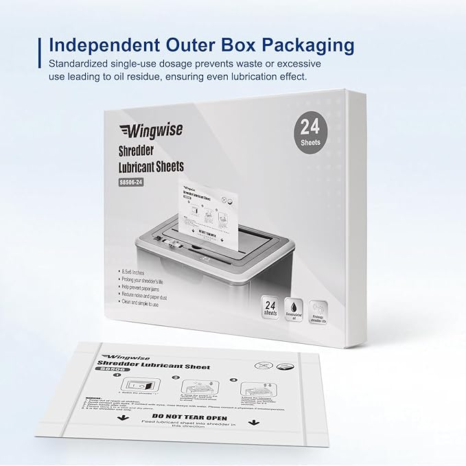 24-Pack Shredder Lubricant Sheets, 8.5 x 6 Inches, Sharpens Blades & Prevents Jams, Mess-Free Maintenance for Home and Office Use