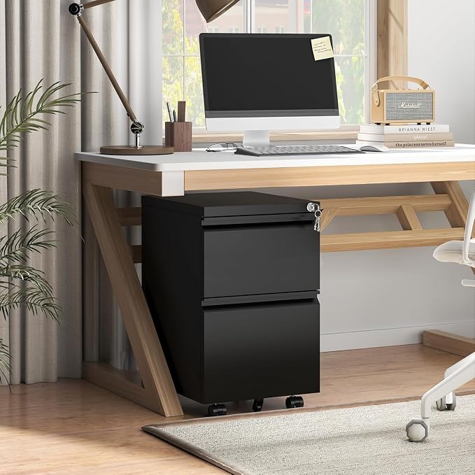 Guizeeopo 2 Drawer Locking File Cabinet, Fully Assembled Heavy-Duty Metal Filing Cabinets for Home Office, Quiet Slides, Anti-Tipping Wheels, Fits A4/Letter/Legal, Matte Black