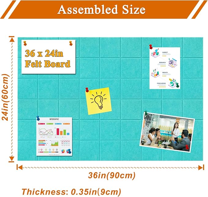 Large Square Felt Cork Board Tiles, Self Adhesive DIY Felt Bulletin Board Pin Board with 35 Pushpins for Office School Home Wall Decor Stickers Memos Photos Display (Teal)