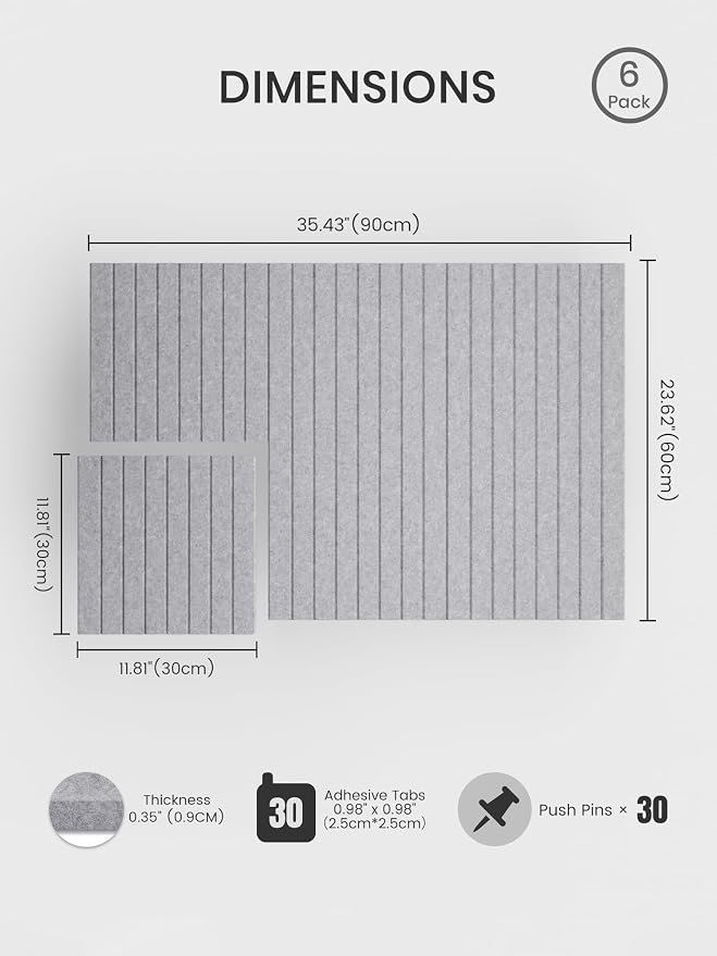 Bumusty 36"x 24" Large Felt Bulletin Board Tiles,Soft Gray | 6-Pack Cork Board Alternative, Wall Decor, 30 Pushpins, 30 Adhesive Tabs, Vision Board, Office, Classroom, Home, Dorm