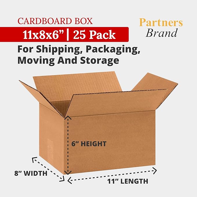 PARTNERS BRAND 11 x 8 x 6 Corrugated Cardboard Boxes, Small 11"L x 8"W x 6"H, Pack of 25 | Shipping, Packaging, Moving, Storage Box for Home or Business, Strong Wholesale Bulk Boxes