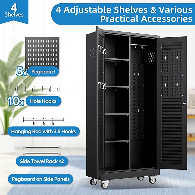 Aobabo Lockable Metal Storage Cabinet with 4 Adjuatable Shelves,Garage Storage Cabinet with Wheels and 5 Remove Pegboard,Required Assembly,Black,70.87''H*31.5''W*15.75''D