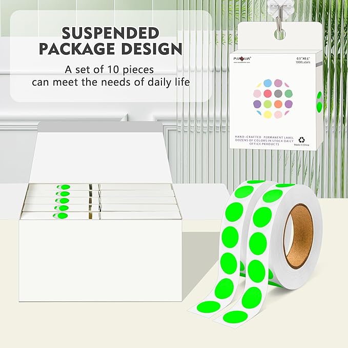 PARLAIM 1/2 Inch Diameter Dot Stickers, 10 Rolls 10000pcs Fluorescent Green Self-Adhesive Color-Code Dot Stickers Permanent Adhesive Round Circle Labe