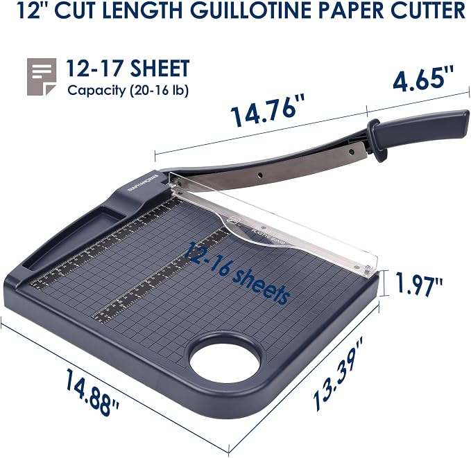12" Paper Cutter, Precision Cut with Safety Protection and Blade Lock, 12 Sheets Capacity, Great for Cardstock, Cardboard, Photo, Vinyl, Crafts, Scrapbook (Grey)