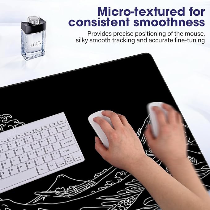Large Extended Mouse Pad with Stitched Edges 35.4"x15.7" - Waterproof Desk Mat, Non-Slip Rubber Base for All-Desk Coverage, Perfect for Gaming Office Home, Black Wave