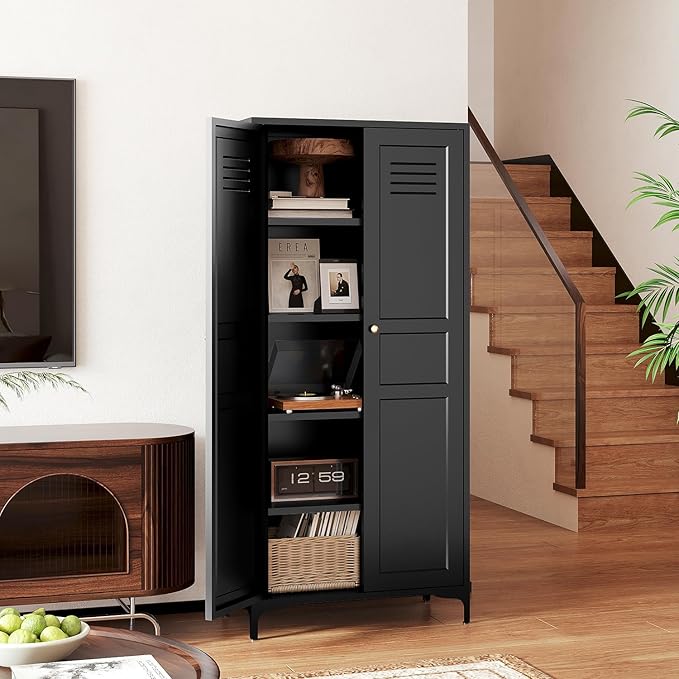 Letaya Black Storage Cabinet with Feets-Metal Home Kitchen Pantry Cabinets with Doors and Adjustable Shelves,Organization Locker for Cupboard/Bedroom/Dining/Living/Bathroom/Office/Garage Room (Black)