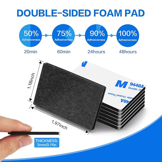Double Sided Adhesive Tape Pads Heavy Duty, Mounting Tape,48Pcs 3mm Thickness Pre-Cut Foam Tape,Super-Sticky Black Strong Pads Rectangle Shape Waterproof for Walls Picture, Car, Home, Office