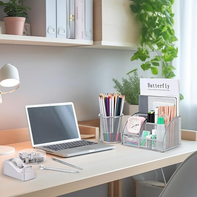 13-in-1 Office Desk Organizer Set for Back to School Supplies Accessories | Organizer Set with Stapler and Tape Dispenser, Pen Holder, Scissors, Ruler, Hole Punch, 2 Pens & More Desk Supplies
