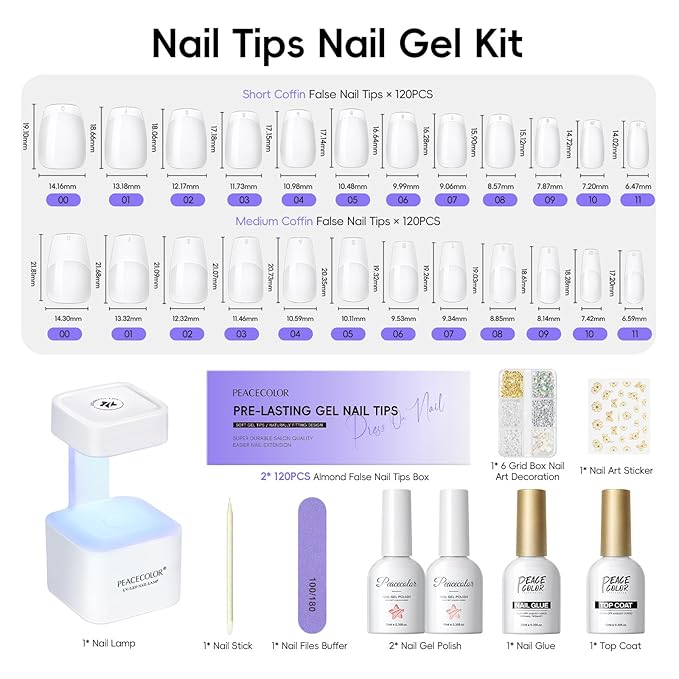 PEACECOLOR Gel Nail Kit, 240Pcs Short Medium Coffin Nail Tips with U V Lamp 2 Colors Jelly Gel Polish Top Coat Glue Nail Art Extension Set Gifts for Women DIY Home Salon