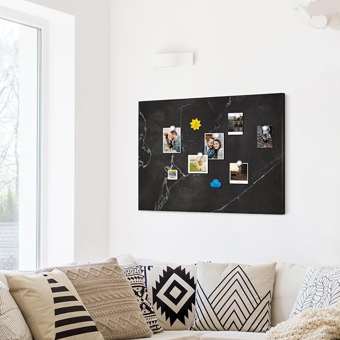 Decorative Magnetic Board for Wall, 24''x18'' Dry Erase Board, Black Marble | Magnet Board, Display Board, Wall Mounted, for Home, Office, Kitchen, 2 Markers, 6 Magnets