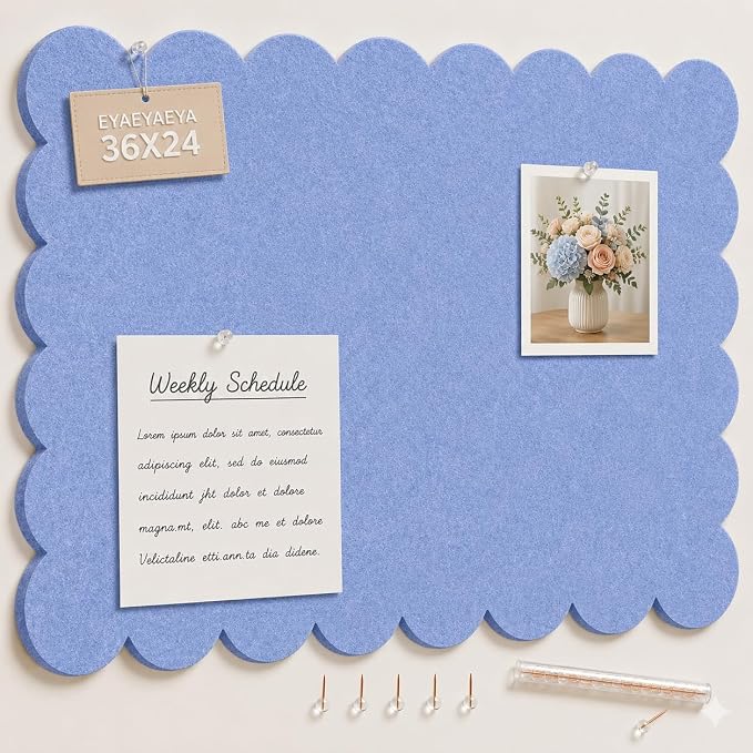 Scalloped Felt Bulletin Board 36 x 24 Inches (Blue Gray) | Large Decorative Vision Board for Wall, Office Memo & Photo Display for Home, Study & Dorm
