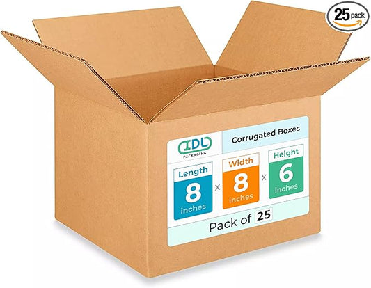 Small Moving & Shipping Boxes 8"L x 8"W x 6"H (25-Pack) - Extra Strength 200 lb vs Regular - USA-Made Corrugated Boxes for Packaging Moving - Small Cardboard Box - Corrugated Box by IDL Packaging