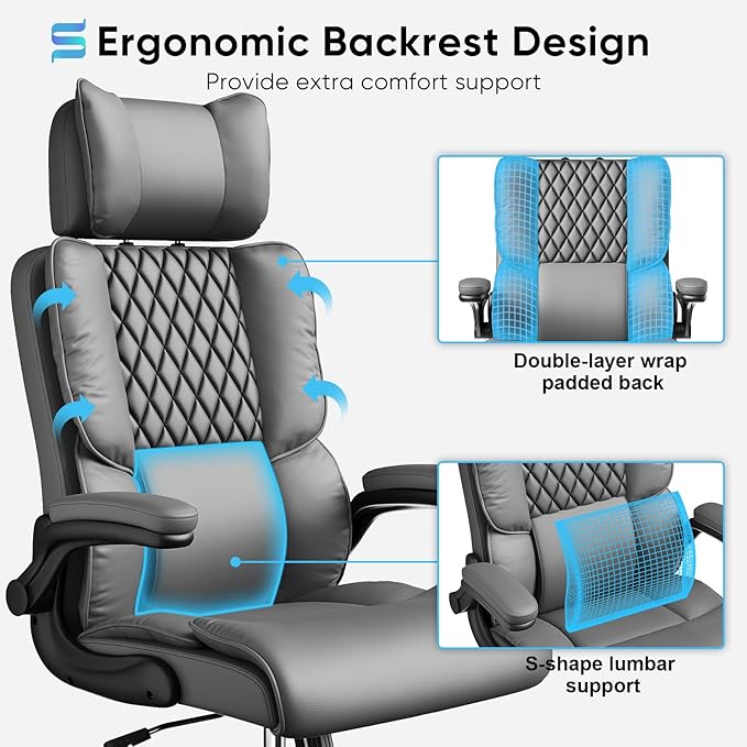 Sytas Executive Office Ergonomic Chair with Adjustable Headrest, PU Leather Desk Chair, High-Back Swivel Task Chair for Home Office, 135° Reclining, Gray
