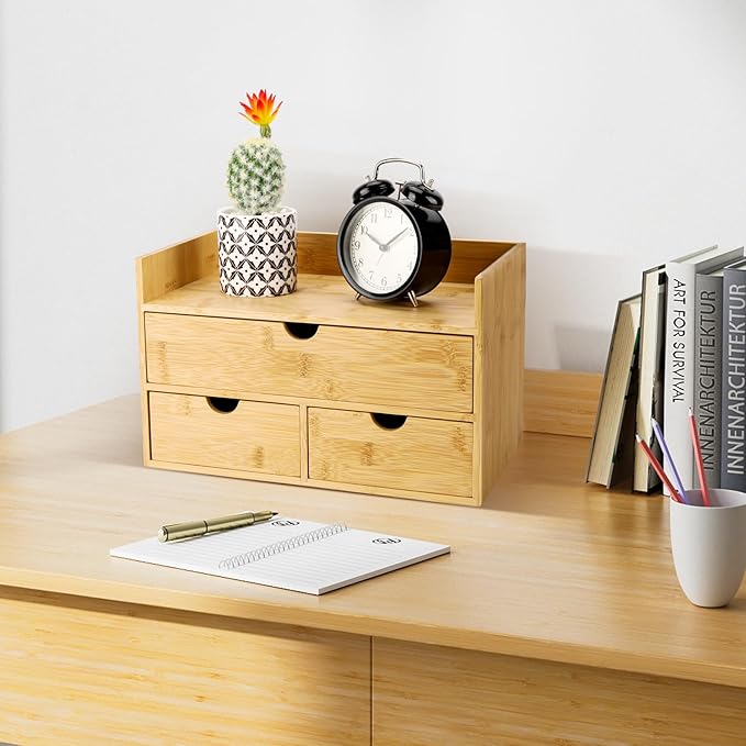 Bamboo Desk Organizer With Drawers Countertop Drawers Counter Storage Box Corner Desk Organizer for Home Office No Assembly Required (3 Drawers with shelf)