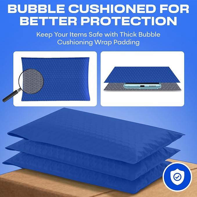 Royal Blue Bubble Mailers 10x13, Self Seal Poly Padded Envelopes, 200 Pack | Fits Books & Magazines, No Tape Needed, Cushioned Protection, Water-Resistant Poly, Bulk Pack for Small Business