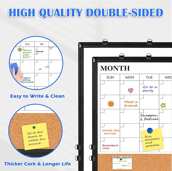 Calendar Whiteboard Dry Erase for Wall, 24" x 18" Month White Board Black | Double-Sided Magnetic, Calendar Cork Whiteboard Combo, Aluminium Frame, Bulletin Portable Board, Home Office School