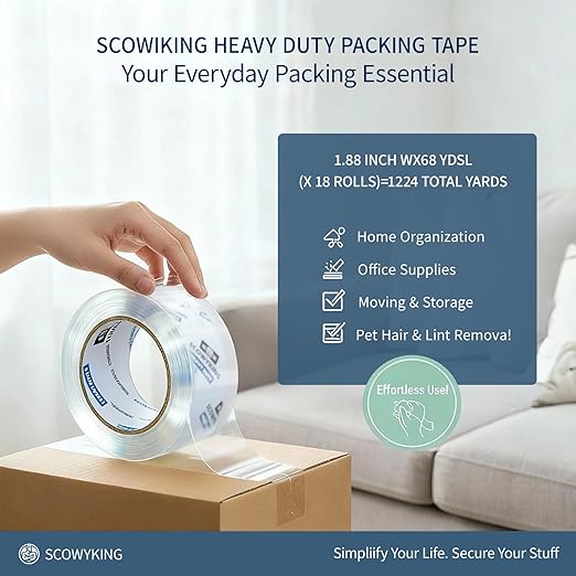 18 Rolls Clear Packing Tape, 1.88 Inch x 68 Yards, 2.7 Mil Thick - Heavy Duty Shipping Tape for Moving, Sealing Boxes, Packaging - Strong Adhesive, Crystal Clear, Residue-Free, Bulk Savings Pack