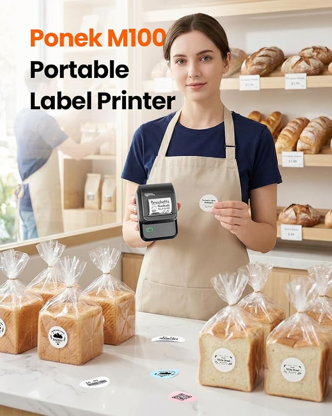 Pone Label Maker with Tape, Bluetooth Label Printer with 6000+ Templates | Portable 2 Inch Barcode Thermal Sticker Printer Easy to Use for Small Business, Home, School, Safety Label Makers,Black