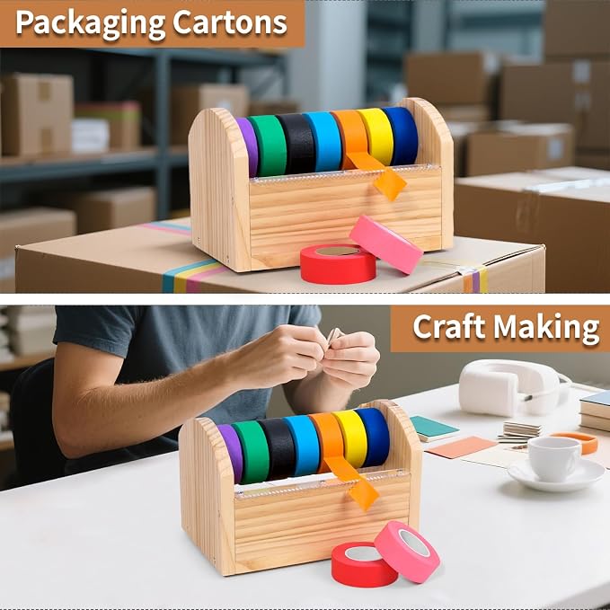 Kids Masking Tape Dispenser, Wooden Multi Roll Craft Tape Dispenser, Washi Tape Holder Organizer, Cutter for Gift Wrapping, Gift for Children Office Home School, Acrylic Serrated Cutter